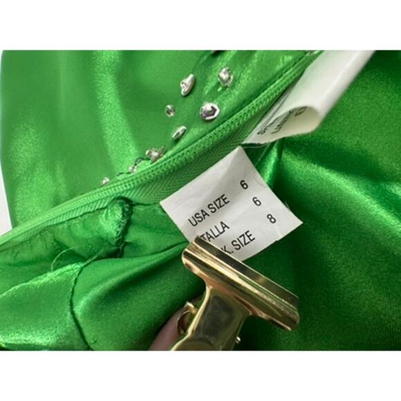 "MADELINE GARDNER" MORI LEE Prom Dress SZ 6 Kelly Green Bling Babydoll Y2K Long - Picture 14 of 16